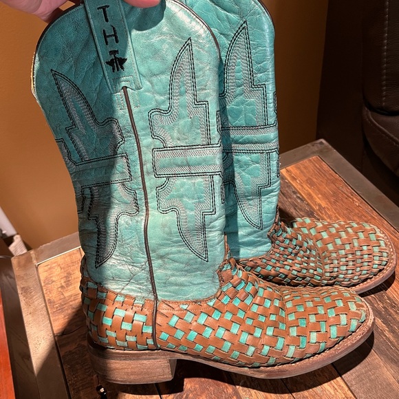 Tin Haul Shoes - Ladies Turquoise and Brown Woven Leather Boots tin haul boots